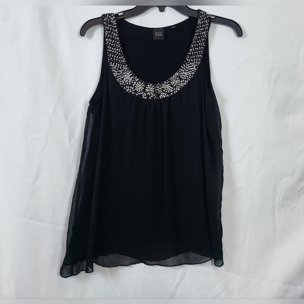 Black Saks 5TH Avenue Black Chiffon Sleeveless Beaded Scoop Neck‎ Blouse Size S